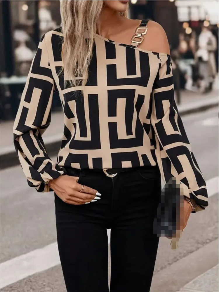

New Spring Autumn Fashion Geometric Printed Sexy Off Shoulder Long Sleeve One Piece Collar Top For Women's Clothing