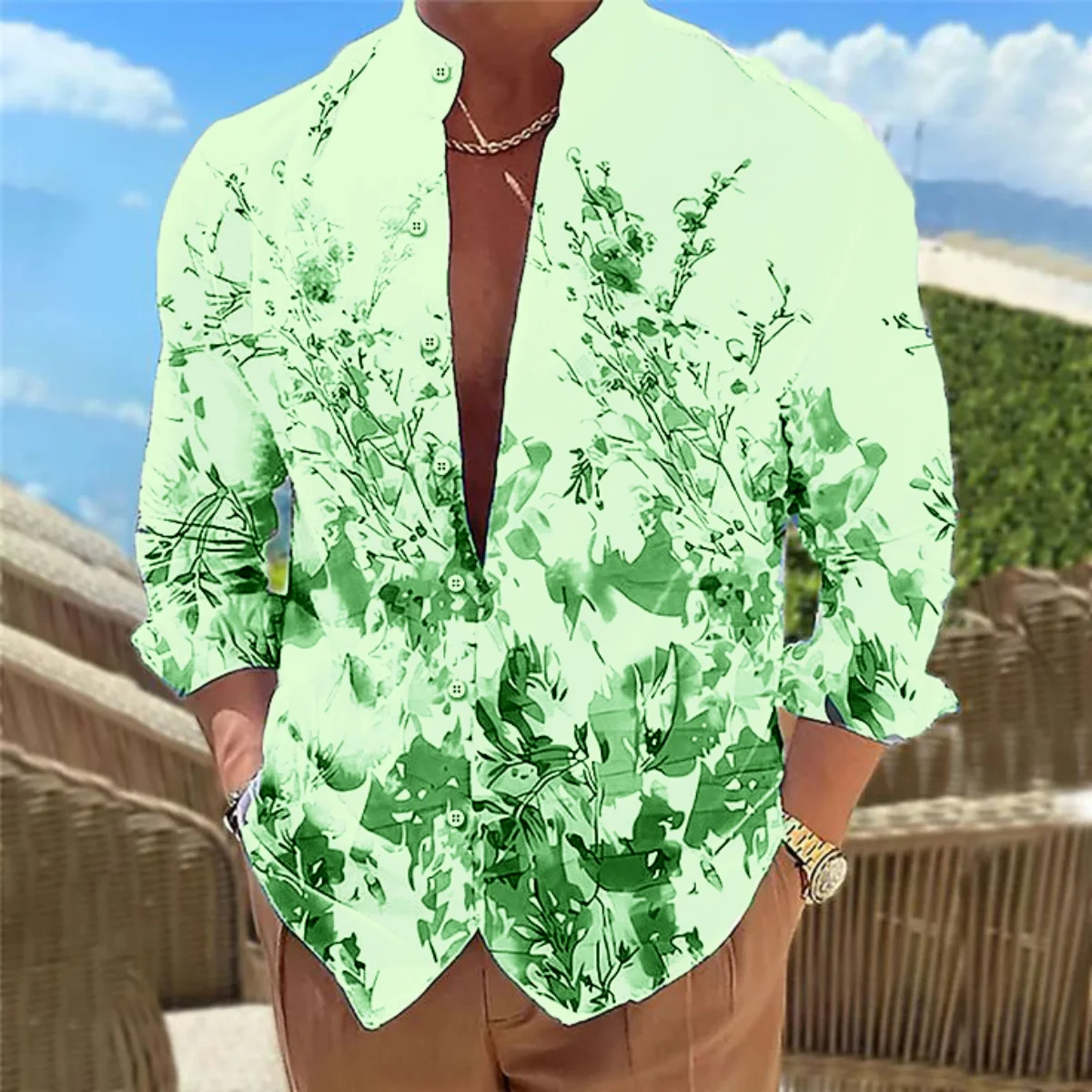 

2025 new men's casual long-sleeve shirt featuring floral print, a fashionable travel item for summer men's tops.