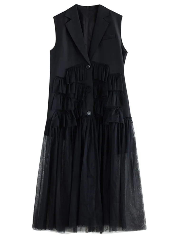 

Oversized Sleeveless Vest Dress Women Mesh Patchwork Ruffle Pleated Dresses Spring Autumn Ladies Vests Woman
