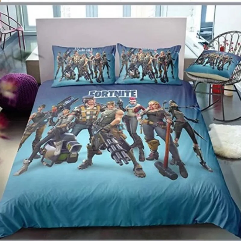 Set sprei tiga potong motif kartun Fortnite yang tampan, merchandise game, hadiah kecil