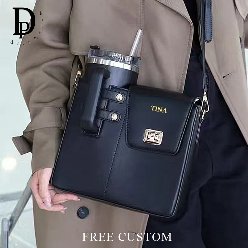 

Luxury Woman Custom Name Crossbody Bag With Cup Bottle Slot PU Leather Engrave Letters Square Bags Fashion Lady Shoulder Bags