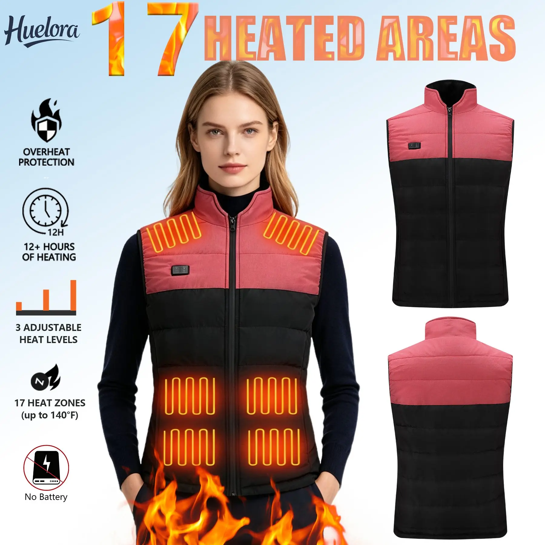 Huelora 17 Heating Zones Heated Vest Unisex Stand Collar Color Block USB Electric Heating Gilet 3-Level Temperature Control
