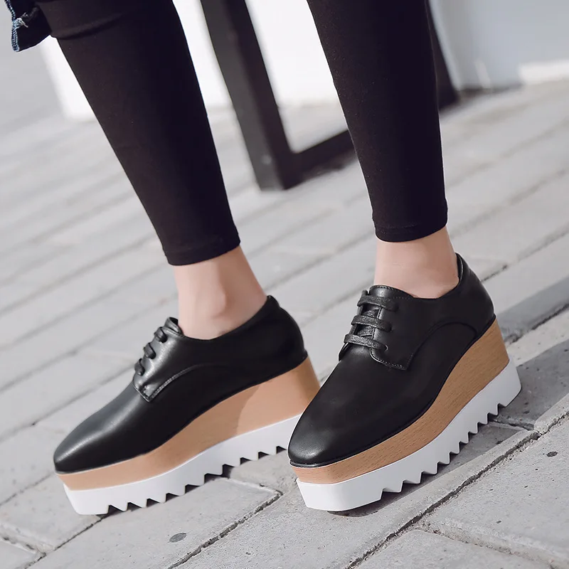 

Woman Platform Wedges Shoes Square toe Thick Bottom Oxfords Casual Lace Up Shallow Loafers Leather Heightening Shoes Heels Pumps