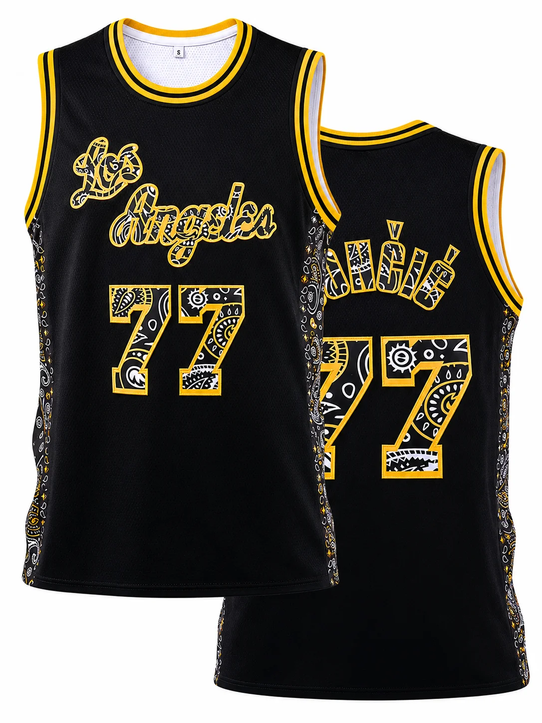 Retro Doncic 77 Los Angeles Jersey Paisley Pattern Number Letter Print Sports Uniform Casual 3d Printed Vest Kids and Men Women