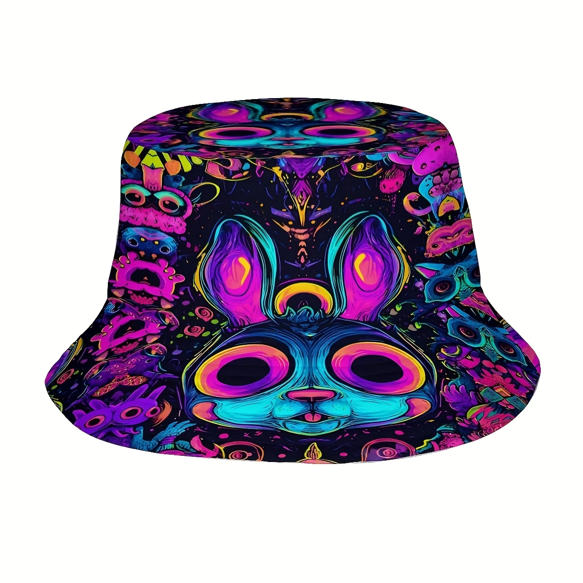 Neon Psychedelic Rabbit Print Bucket Hat Unisex Summer Sun Hat UV Protection Casual Outdoor Rave Festival Fisherman Hat
