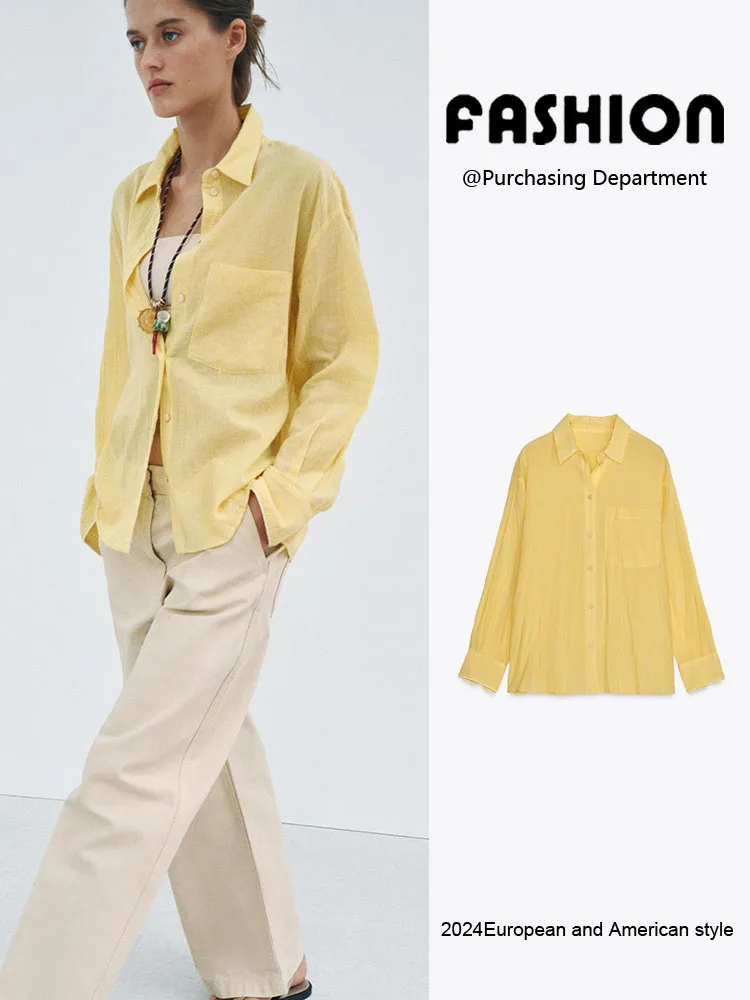 

Comfortable Casual Striped Long Sve irt Women's Spring New Arrival Versatile Pleated Commute Sle Other 00% Material