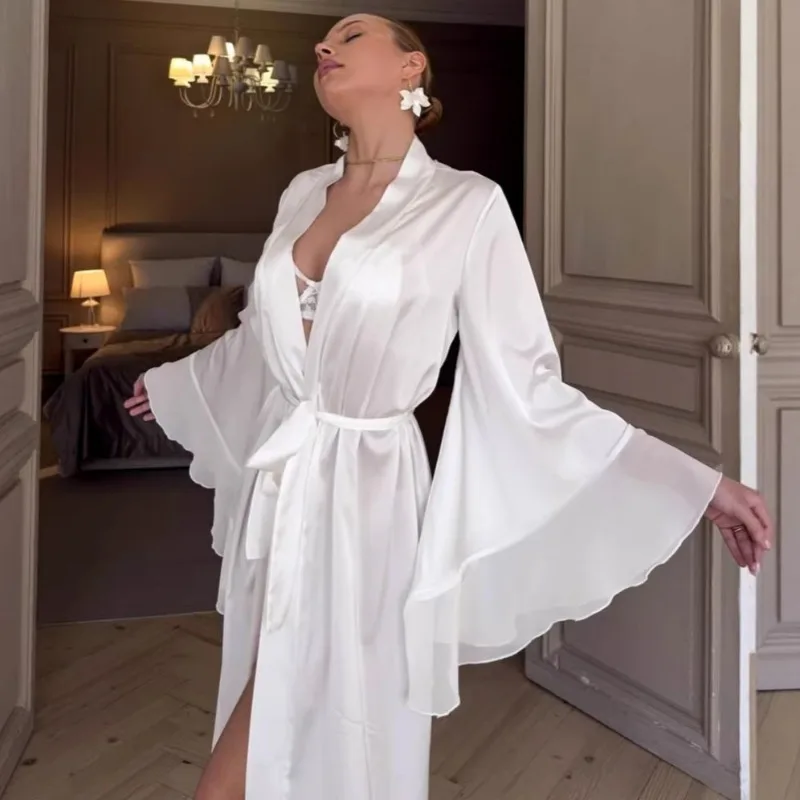 2026 European American Spring Summer New White Satin Lace Up Long Bathrobe Nightgown Pajamas Loungewear Women Floor Length