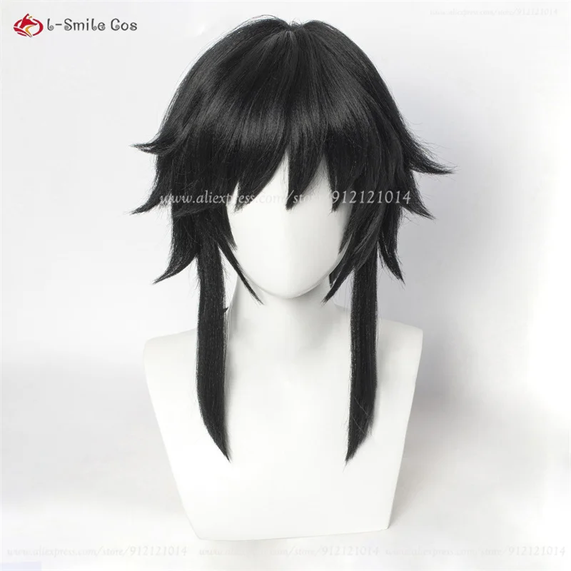 Tomioka Giyuu pelucas de Cosplay de Anime para hombres, pelo sintético resistente al calor, negro y esponjoso, 40cm de largo, Cosplay de Halloween, gorra de peluca