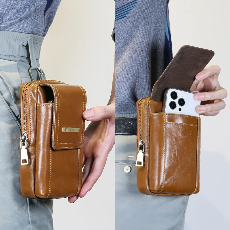 VIETAO-Brown Leather Mobile Phone Waist Bag, Cellphone Purse, Belt Wallet, Large Capacity