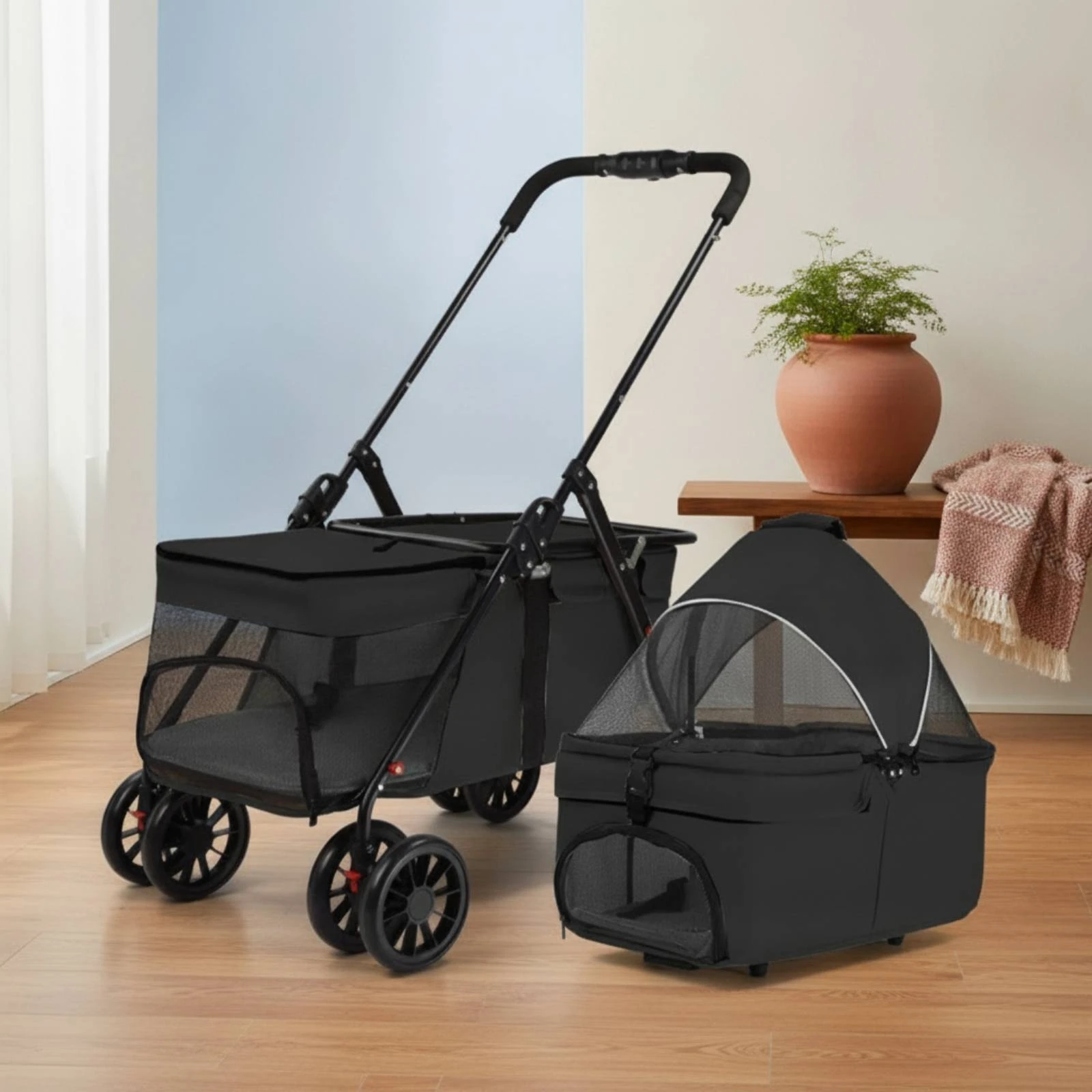 Pet Stroller with Detachable Carrier Portable Double-Layer Pet Stroller Dog Pram Compact Easy Assembly for Multiple Pets