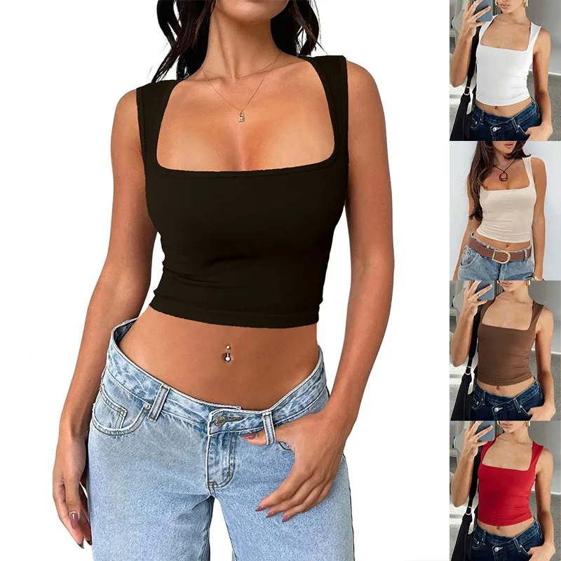 Women Y2k Square Neck Bodycon Crop Tank Top Brushed Macaron Color Sexy Female Clothing Woman Clothes Women's Fashion Solid Color
