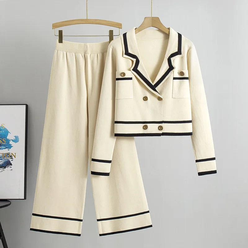 Autumn Winter New Casual 2 Pieces Suits Long Sleeve Knitted Cardigan Coat+Elastic Waist Wide Leg Pant Female Loose Sweater Sets