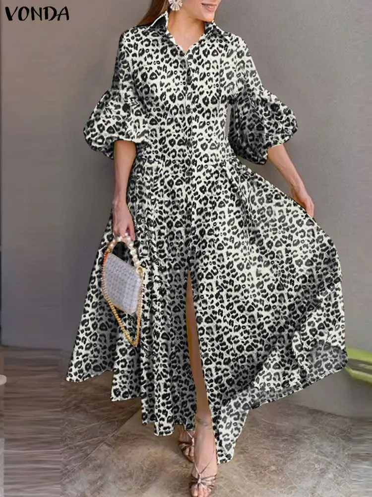 Plus Size 5XL VONDA Fashion Leopard Print Maxi Vestidos Women Autumn Lantern Sleeve Long Shirt Dress Pleated Elegant Party Robe