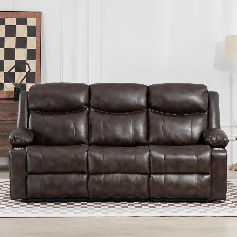 Manual Reclining Sofa - 3 Seat Recliner Sofa with Heat & Massage Function, Wall-Hugger Reclining Sofa for Living Room (Brown)