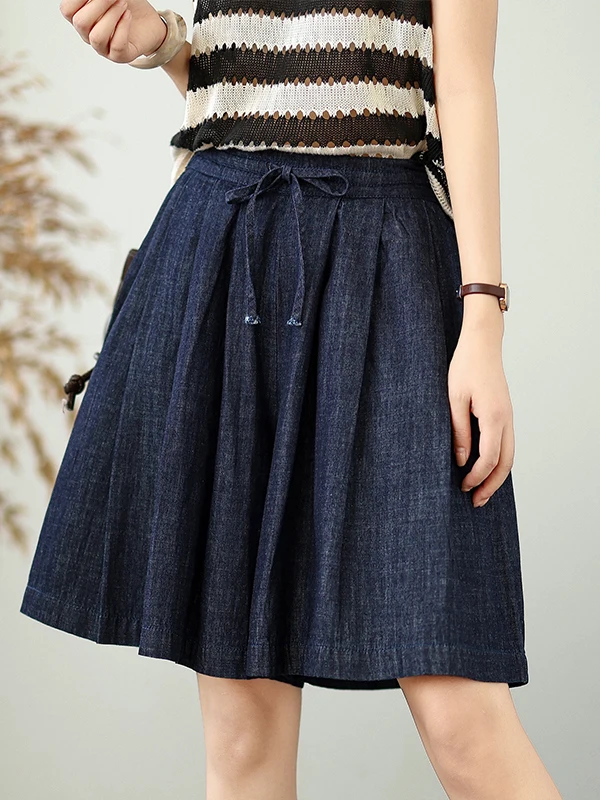

Japanese Sle Casual Jeans Skirt Women's Small Size Summer Wide Leg Five-Quarter A-Line orts High Waist Thin Denim