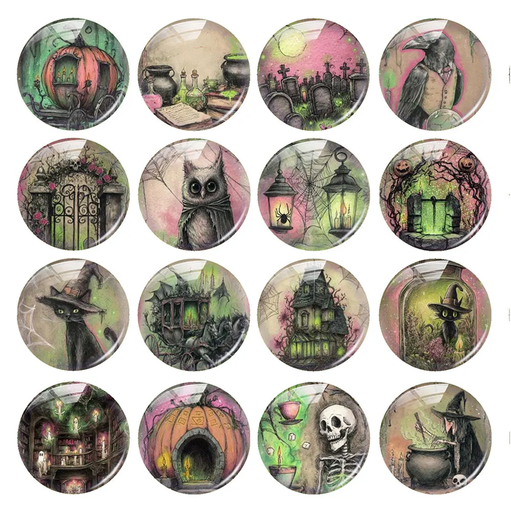 Random Mixed Round/Oval/Square Green Witch Halloween Raven Photo Glass Cabochon Flatback Demo Cameo For Diy Jewelry Making