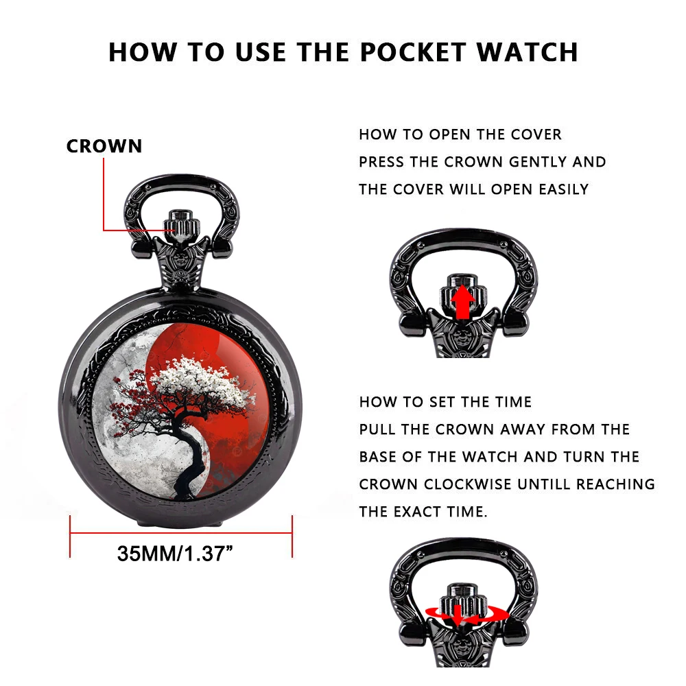 음양 나무 디자인 블랙 쿼츠 포켓 시계 선물 세트, 내구성 체인 및 아랍어 숫자 얼굴, 소년용 영원한 선물