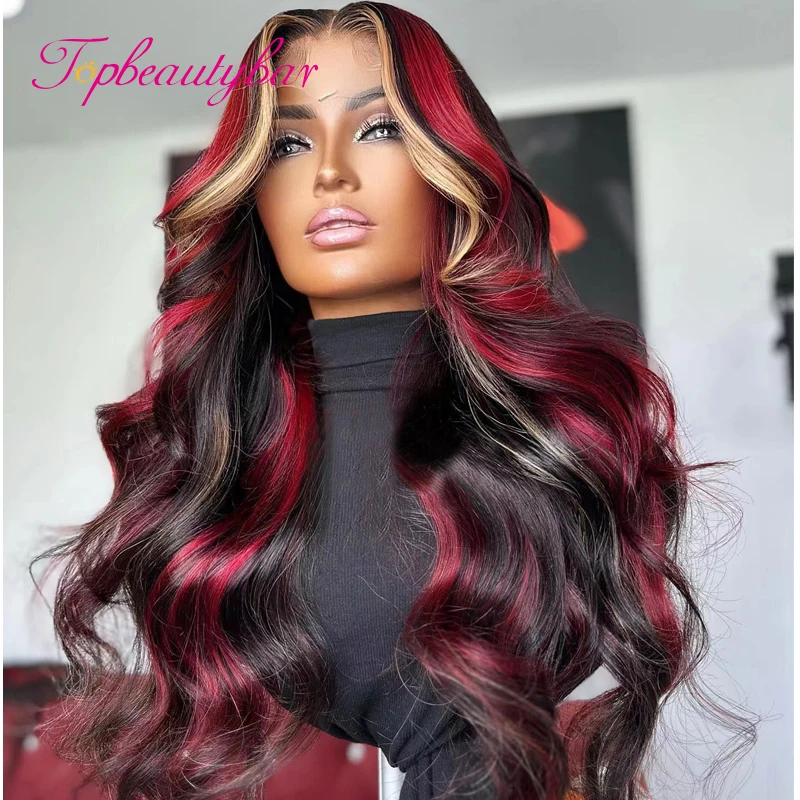 Red and Blonde Highlight Wig Human Hair Colored 13x4 Lace Front Human Hair Wigs for Women Peruvian Remy Wavy Full Lace Wigs