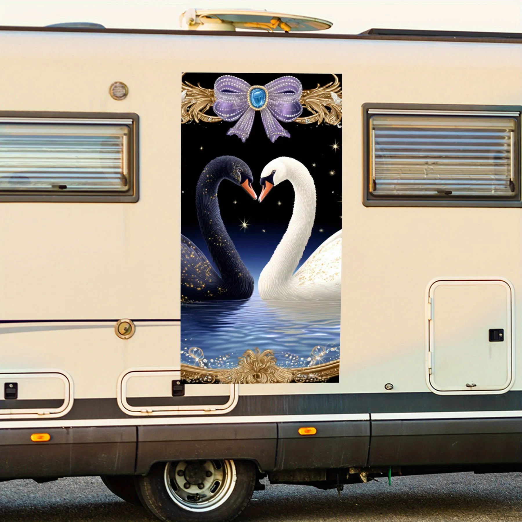 

Черно-белые лебеди в золотой рамке, водонепроницаемая виниловая наклейка для стороны автофургона, самоклеящиеся наклейки для украшения и защиты корпуса автофургона