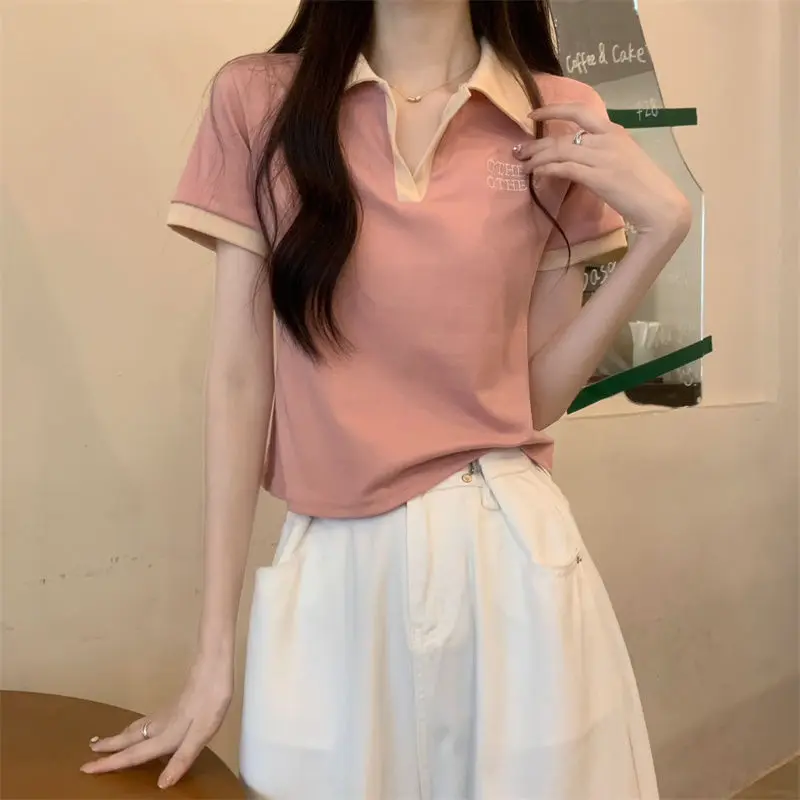 

Polo Neck Short Sleeve T Shirts Summer New Solid Color Y2K All-match Pink Short Tops Tees Fashion Sweet Casual Women Clothing