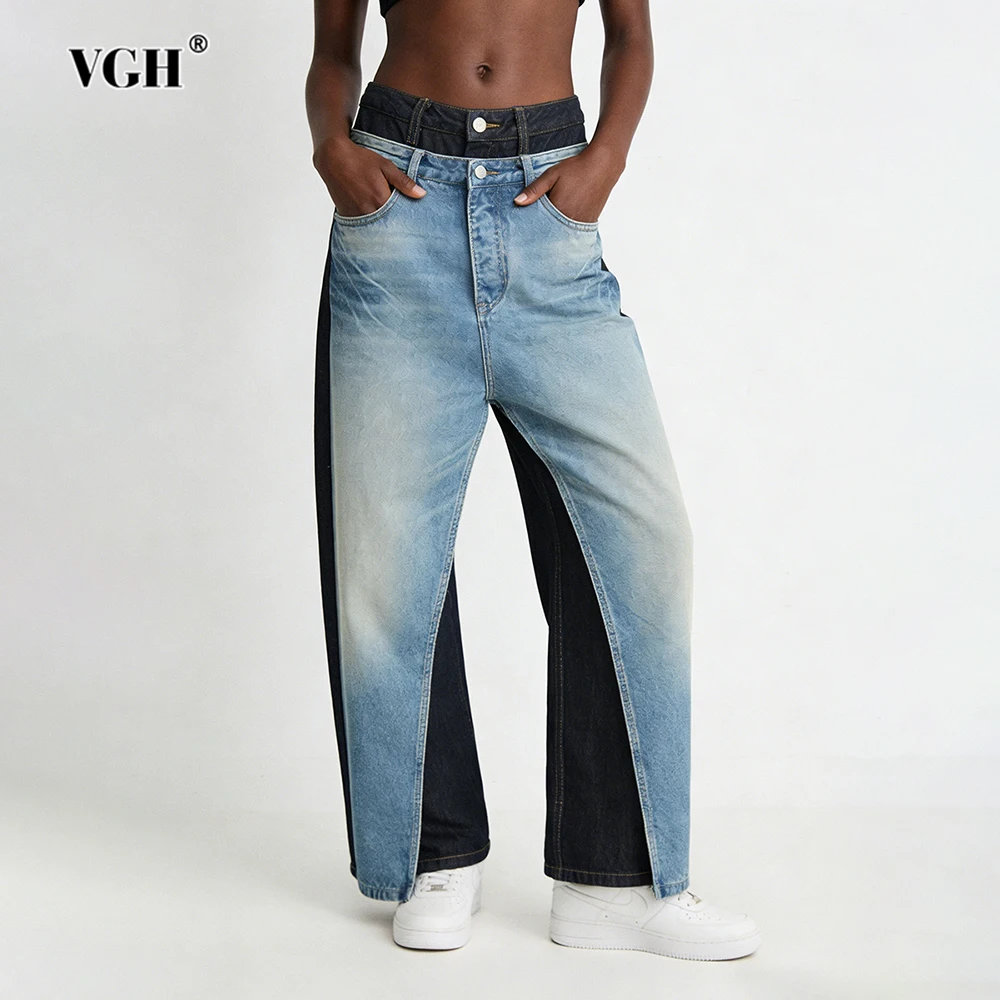 VGH Design Sense Hit Color Loose Pants For Women High Waist Spliced Pockets Autumn Casual Straight Trousers Female Fashion New