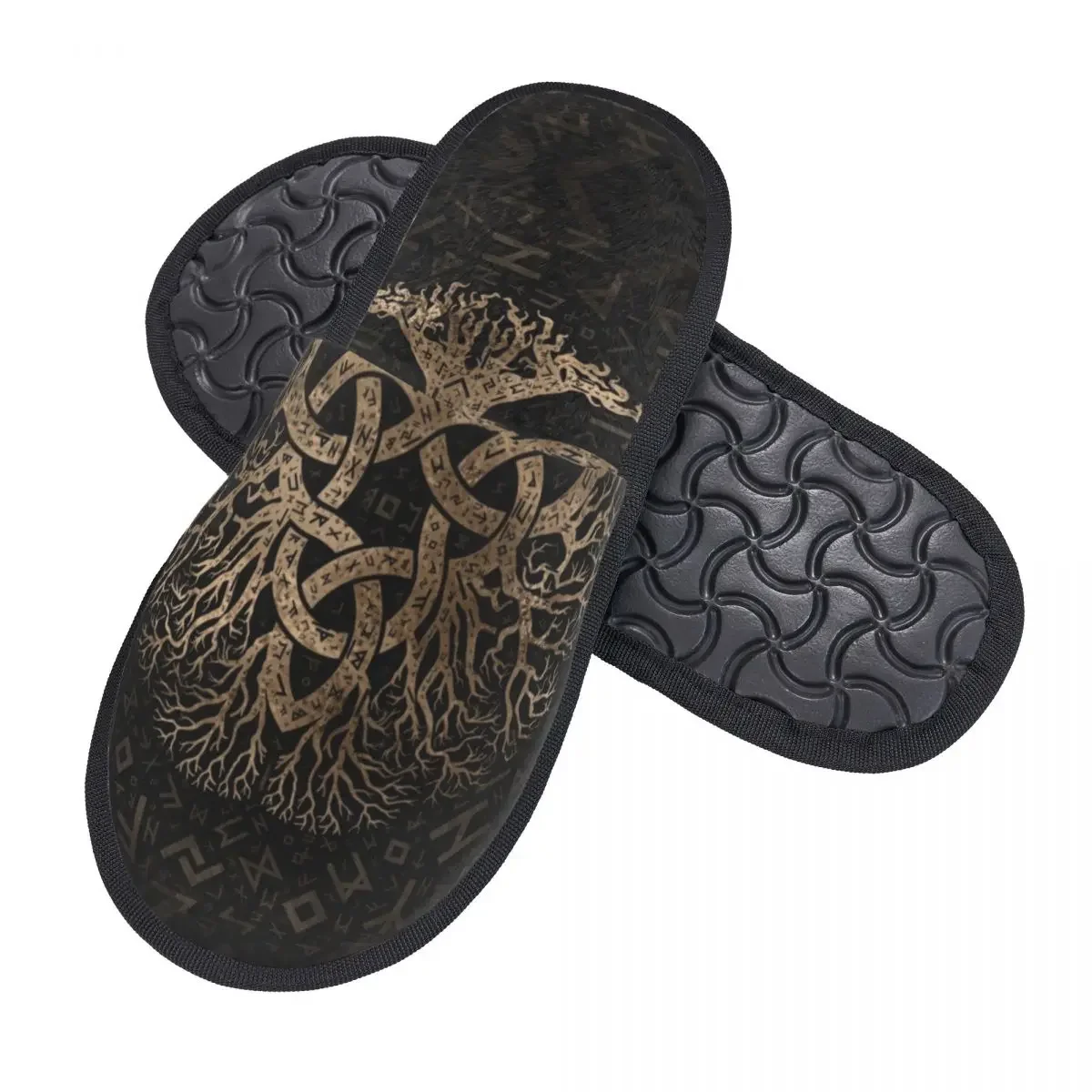 Custom Tree Of Life With Triquetra On Futhark Pattern Memory Foam Slippers Women Soft Warm  Norse Yggdrasil House Slippers