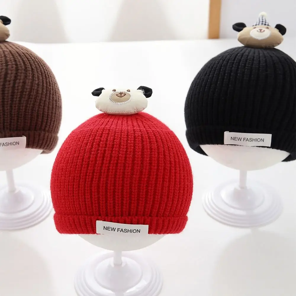 

Cartoon Bear Winter Baby Crochet Hat Cold-Resistant Breathable Toddler's Plush Knitted Hat 3-18 Months Solid Color