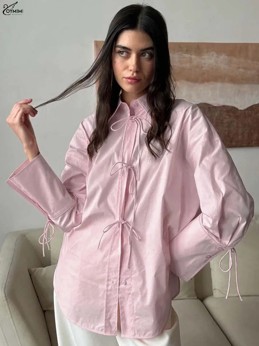 Oymimi Fashion Pink Cotton Women's T-Shirt Elegant Turn-Down Collar Long Sleeve T-Shirts Casual Lace-Up Solid Blouses Streetwear