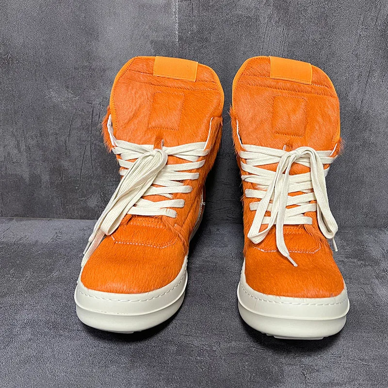 Men Women High Top Boots Casual Platform Sneakers Horsehair Leather Luxury Trainers Lace Up Zip Autumn Orange Shoes