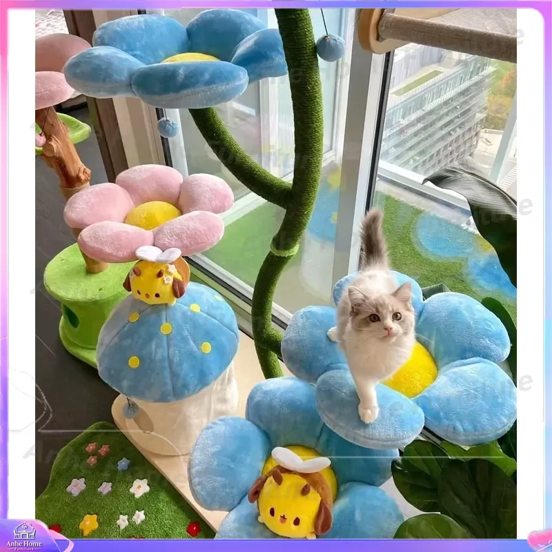 Blue Cat Climbing Rack Scratcher Stylish Wooden Cat Furniture Modern Luxury Flower Tree Tower for Cats Kitten Play Activity