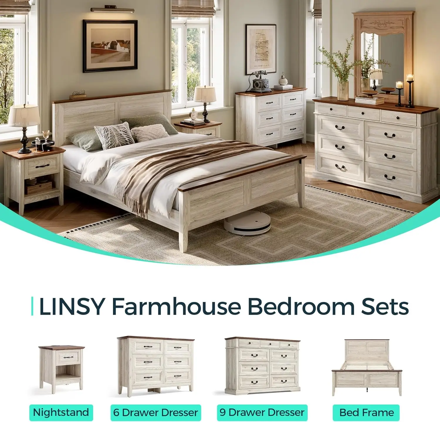 3 Piece Farmhouse Bedroom Set Queen Bed Frame High Headboard Nightstand Set of 2 Wood Bedroom Furniture Set