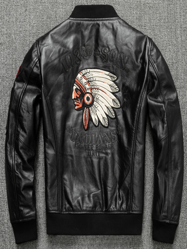

New Fashion Indian Embroidery Baseball Jacket Natural Genuine Leather Coat Men's Cowhide Motorcycle Slim Jackets
