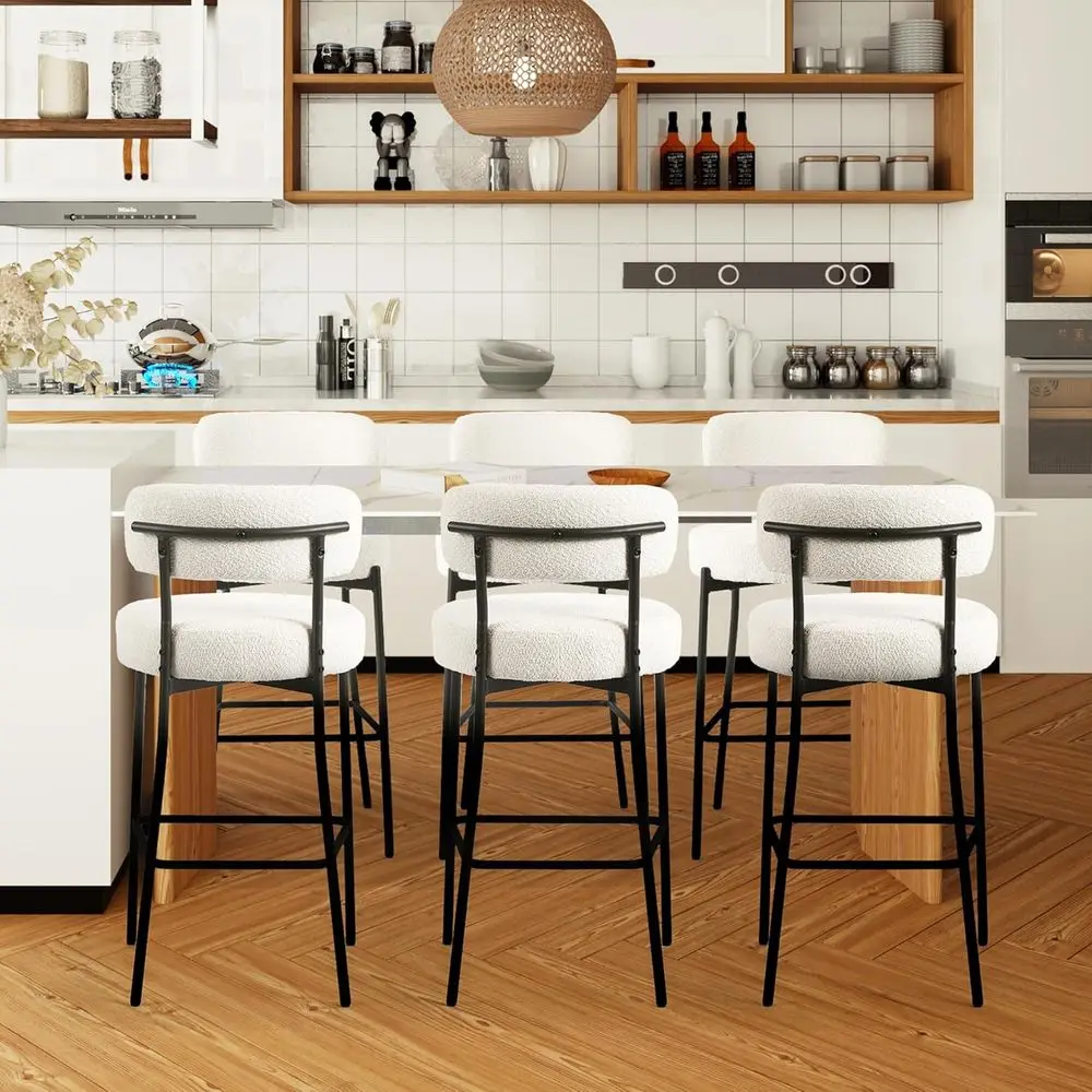 

Set of 6 White 28 Boucle Upholstered Counter Height Bar Stools with Backs