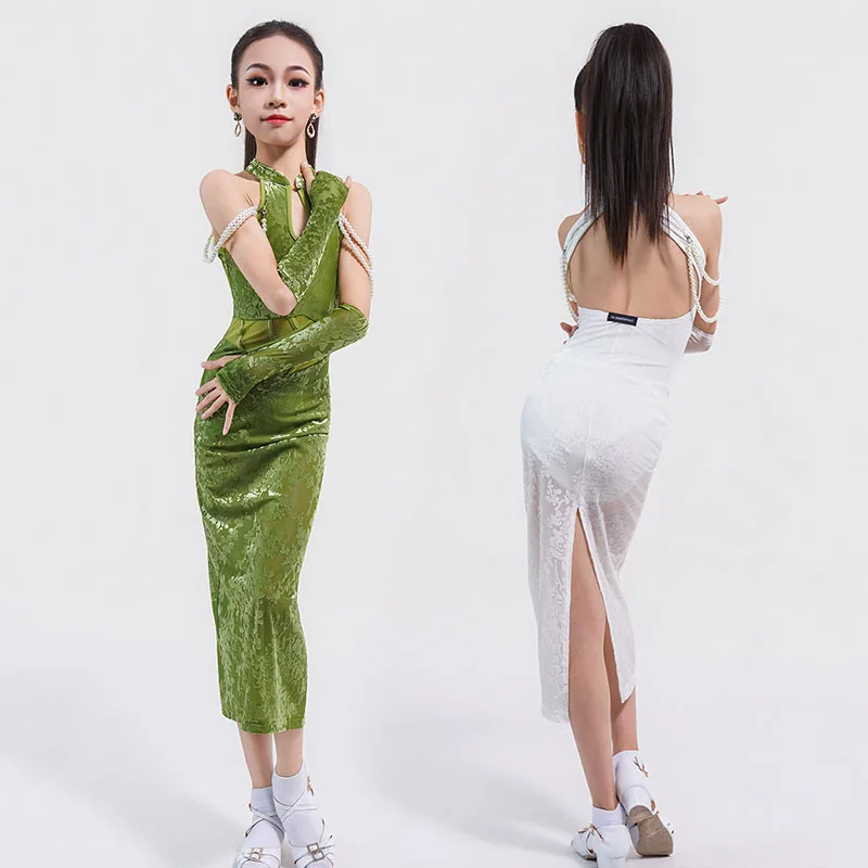 

Chinese Style Latin Dress For Girl Green Sleeveless Dresses Latin Show Stage Outfit Kid Dance Performance Clothing White VDL5191