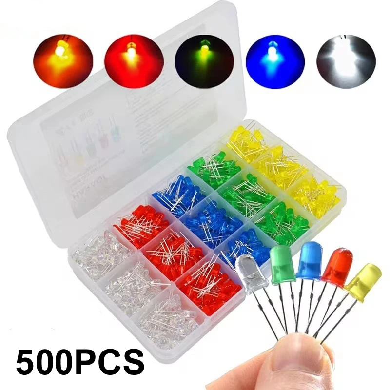 500PCS 3MM 5MM Light Emitting Diodes Electronics Kit Box F3 F5 LED Diode Assorted Kit White Green Red Blue Yellow Orange