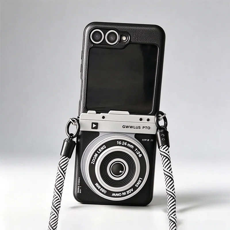 Camera Stand Phone Case for Samsung Galaxy Z Flip7 Z Flip6 Z Flip5 Magnetic Cases Leather Fundas with Detachable Crossbody Strap