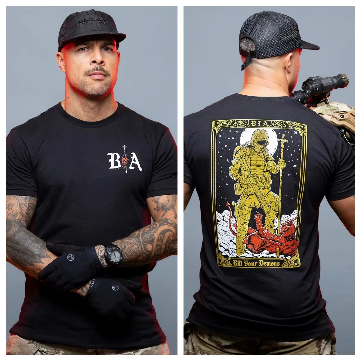 Vintage Tarot Border Yellow Red Tactical Warrior Demon Graphic T Shirt Double Chest Back BJA Art Letter Logo Night