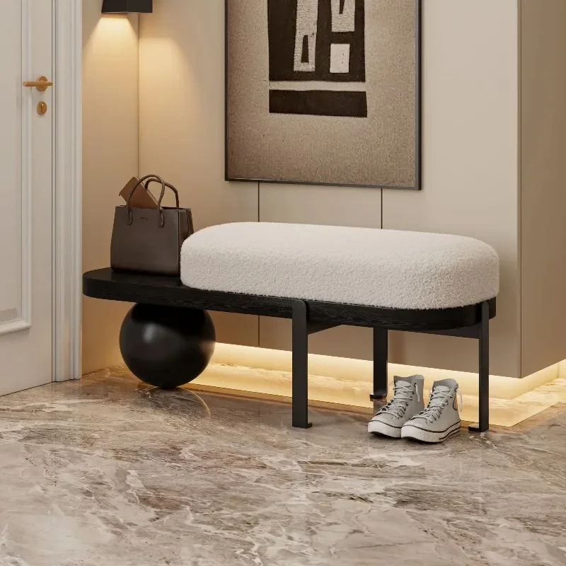Modern Minimalist Entryway Bench - Boucle Upholstery, Wooden Frame with Ball Accent, Ottoman Bench for Living Room Hallway