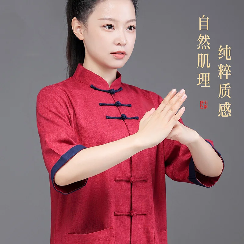

New Unisex Summer Lightweight Short-Sleeve Cotton Hemp Fabric Tai Chi Uniform for Baduanjin