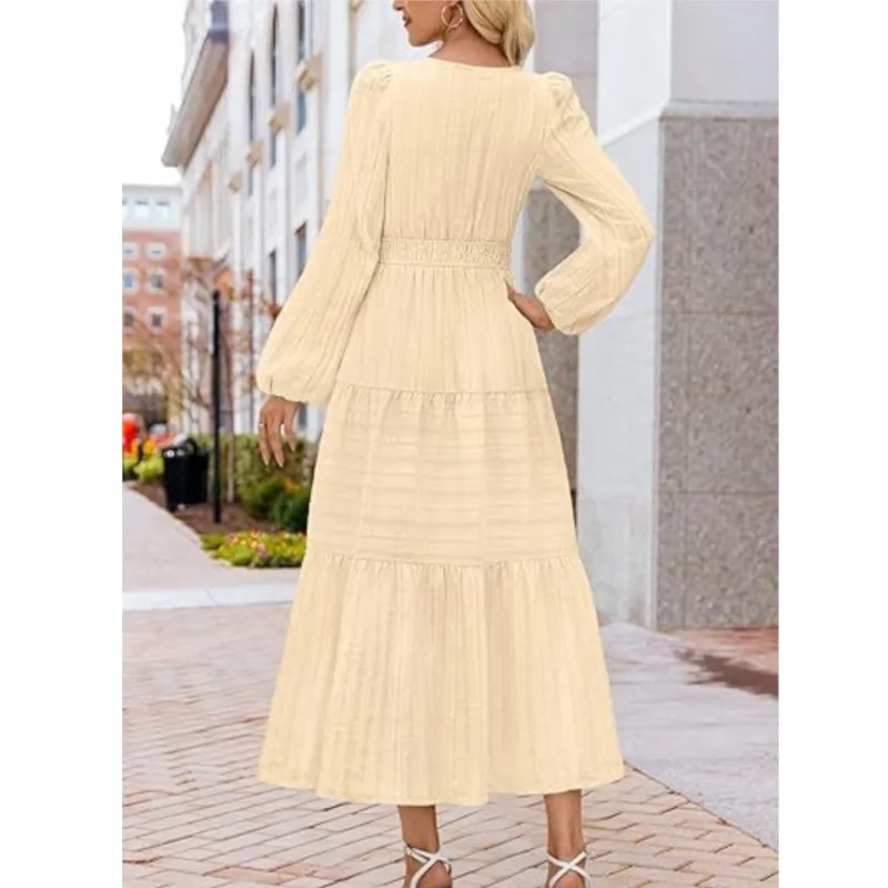 ชุดเดรสยาวผู้หญิง สไตล์เจ้าหญิง ดีไซน์เรียบหรู คอวี แขนยาว สีพื้น ทรงหลวม สำหรับผู้หญิง ฤดูใบไม้ร่วง 2025 รุ่นใหม่