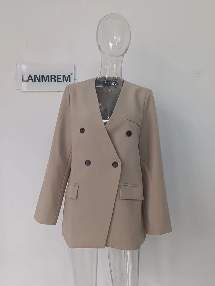 LANMREM High End Blazer Coat For Women V Neck Long Sleeves Double Breasted Office Lady Chic Clothing 2024 Summer New 2DA5310