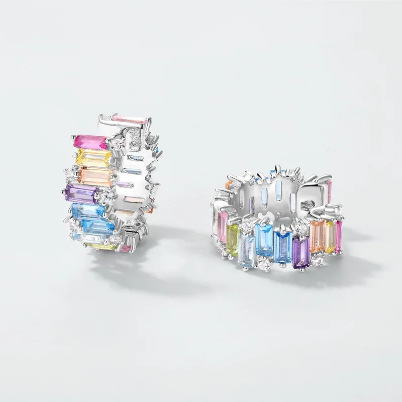 New S925 Silver Rainbow Round Zircon Earrings Women Full Inlaid ZirconiumRainbow Sterling Ear Studs 925