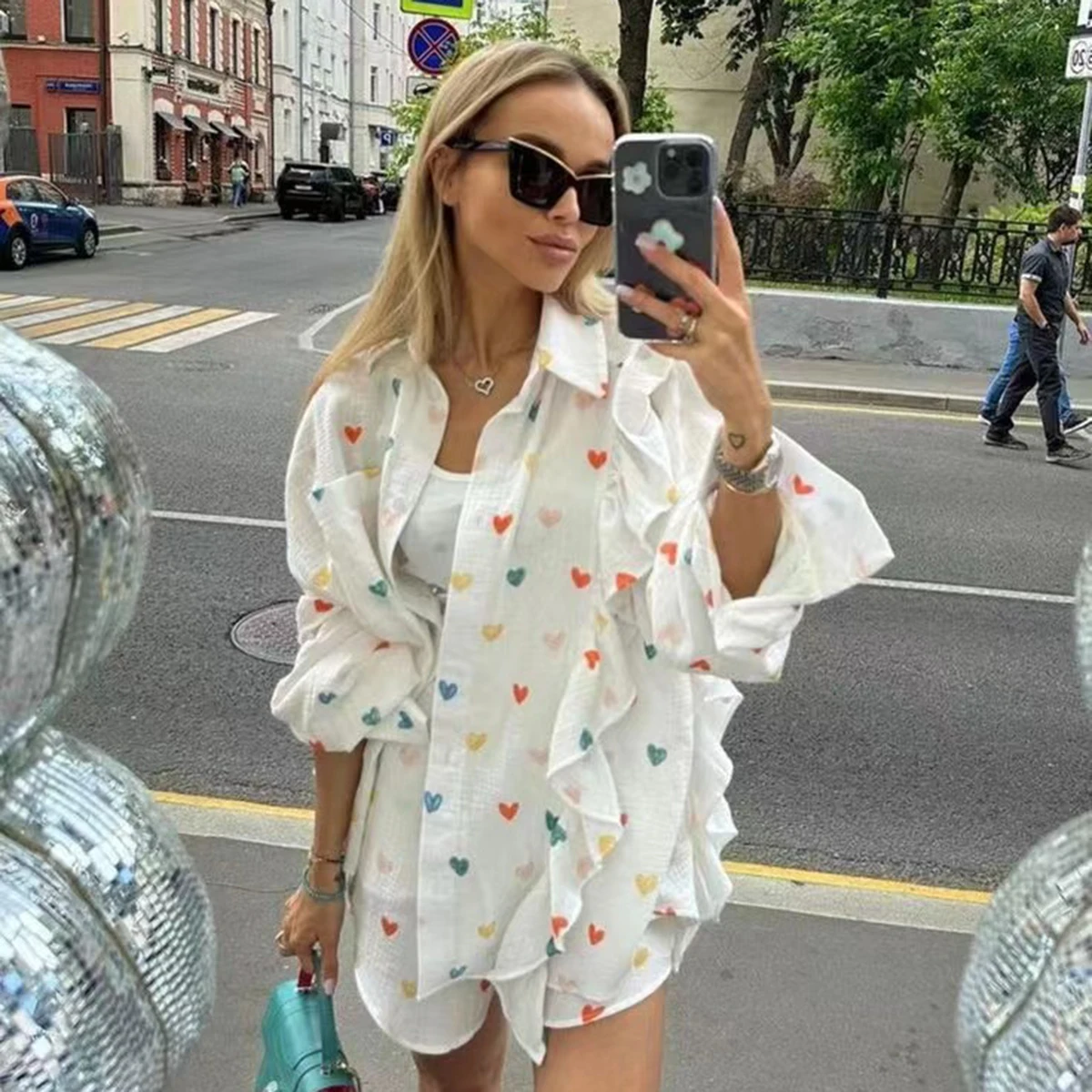 2024 New Heart Printed Short Set Women Long Sleeve Pocket Ruffle Cardigan+Short Pants Sets Spring Summer Casual Chic 2 Piece Set