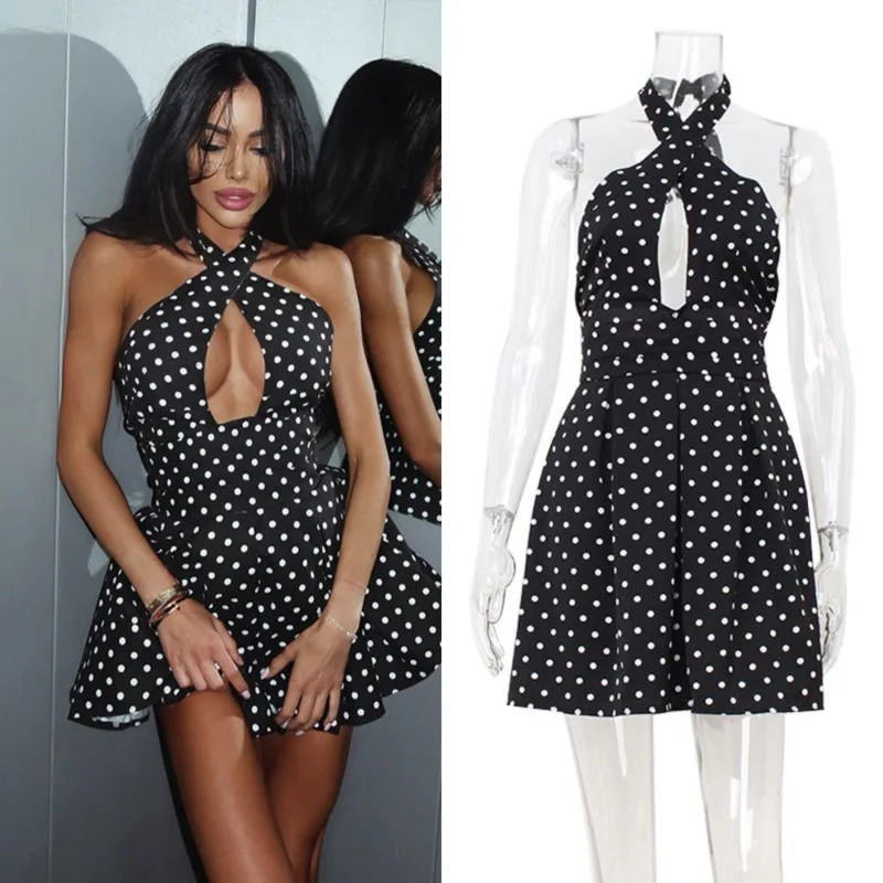 

Sexy Polka Dot Halter Mini Dress Women Backless Hollow Out A-Line Bodycon Nightclub Lace Up Sleeveless Party Summer Outfit New