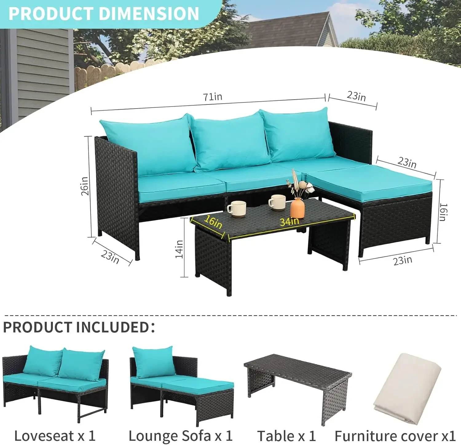 

3-Piece Outdoor PE Rattan Furniture Set Patio Black Wicker Conversation Loveseat Sofa Sectional Couch Turquoise Cushion