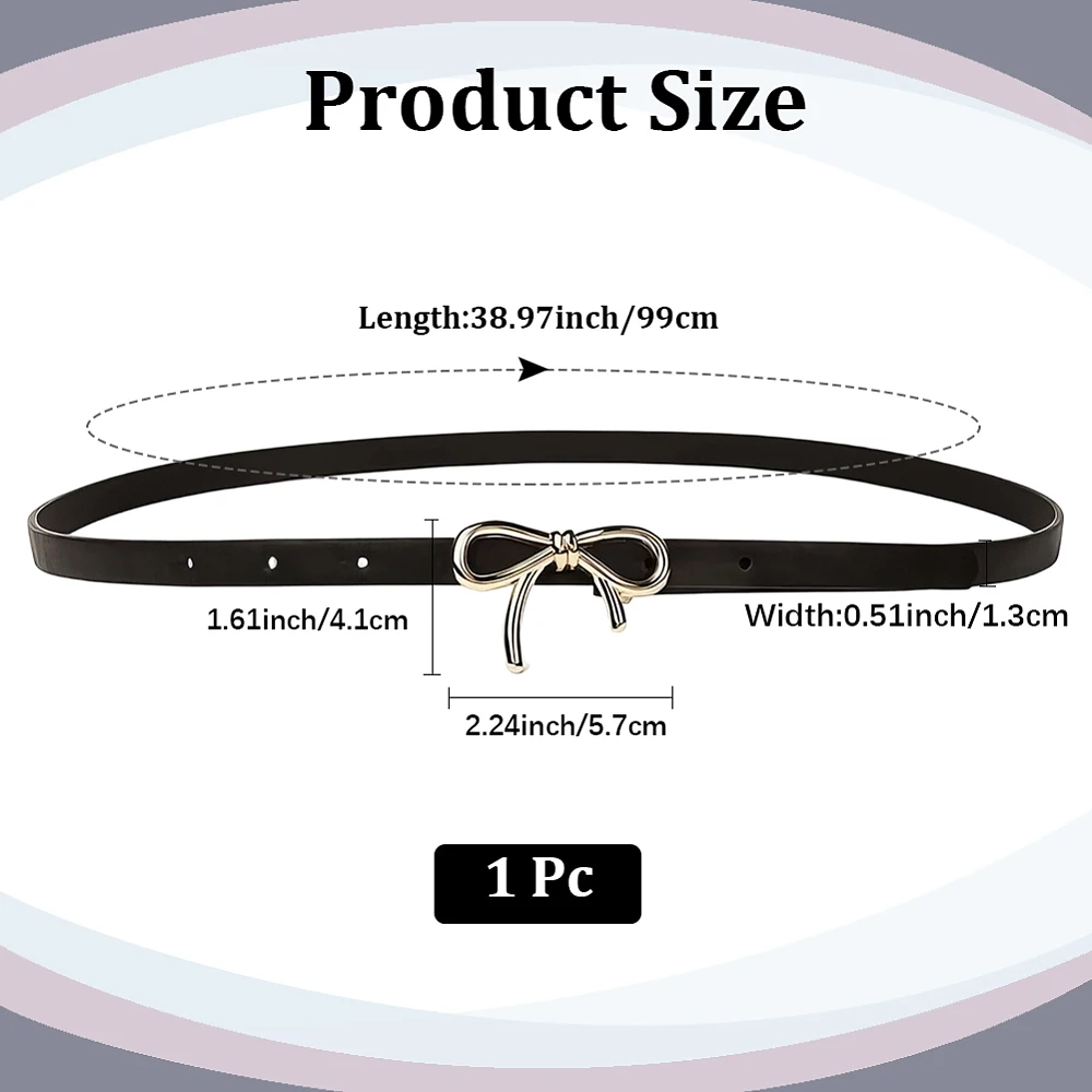 0.5 Inch Width Thin Black PU Leather Belt for Women Adjustable Skinny Waist Belt with Gold Alloy Bowknot Buckle Elegantes Slim