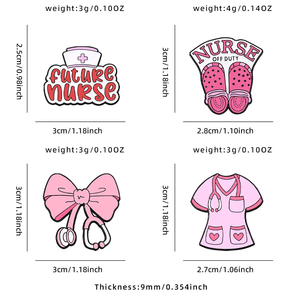 4pcs Pink Nurse Lapel Pins Set - Metal Badges Jewelry Gift with Stethoscope Bow Tie Hat Slippers Medical Theme Cartoon Design