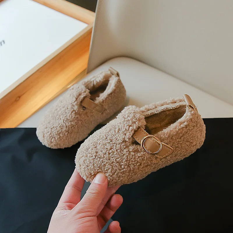 Kid\'s Autumn Winter Shearling Shoes Children Furry Warm Soft Fashionable Shoes Girls Toddler Cute Fleece Casual Plush Flat Shoes