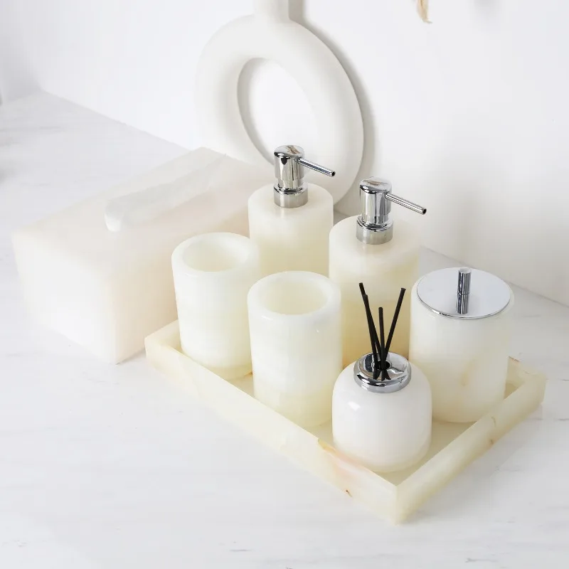 100% Natural Marble White Marble Bathroom Accessories Set Hotel Tissue Box Tray Toothbrush Holder Soap Dispenser view 2