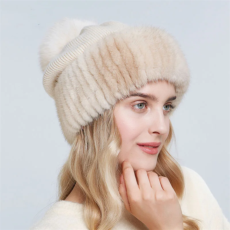 

Women's Popular Fur Hat Russian Style Winter Luxury Wool Knitted Hat Fashion Natural Warm Mink Fur Soft Thickened Plush Hat